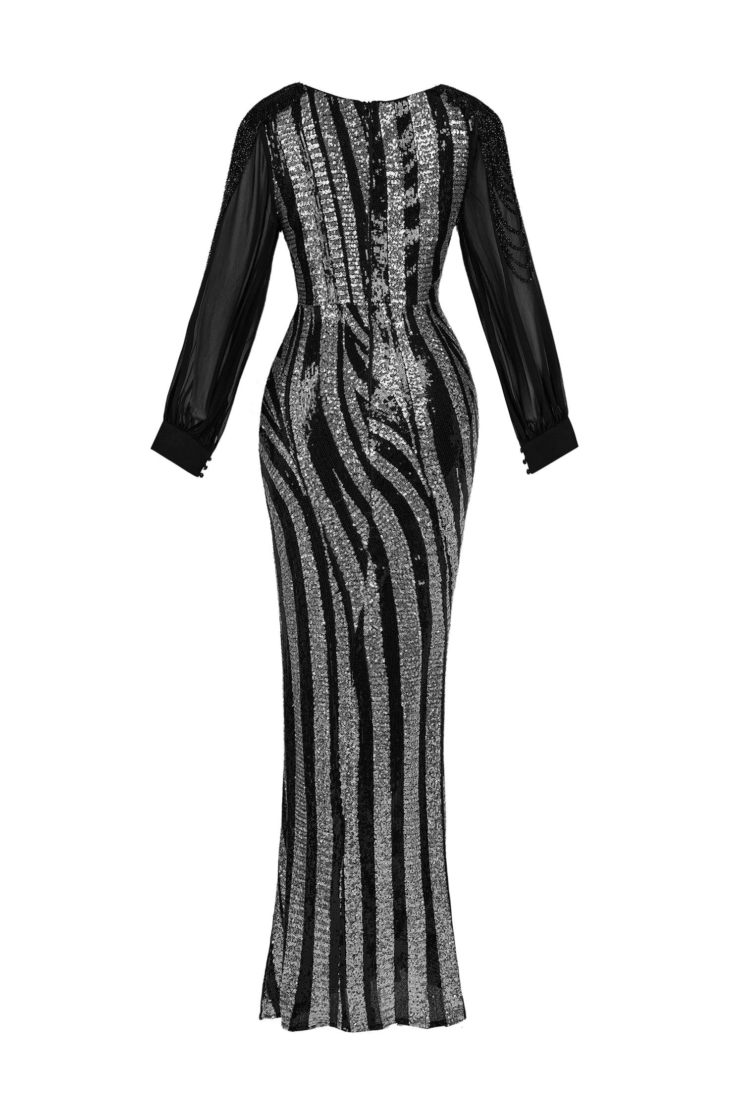 Zebra Print Sequin Long Sleeve Slit Maxi Dress