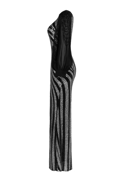 Zebra Print Sequin Long Sleeve Slit Maxi Dress