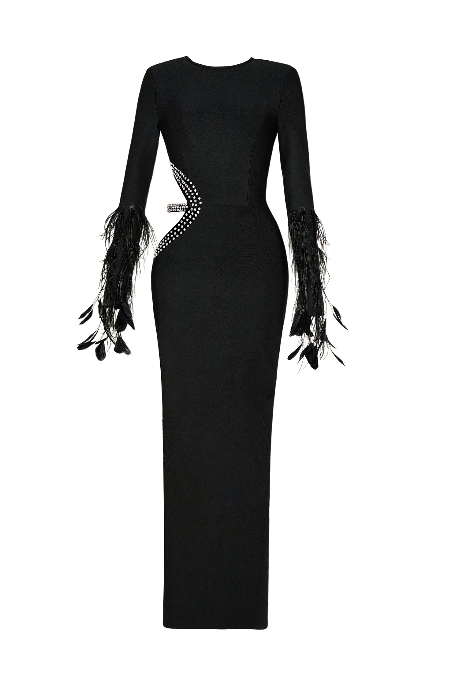 Feather Cut-Out Rhinestone Bandage Maxi Dress