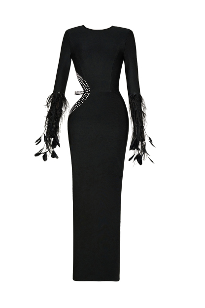 Feather Cut-Out Rhinestone Bandage Maxi Dress