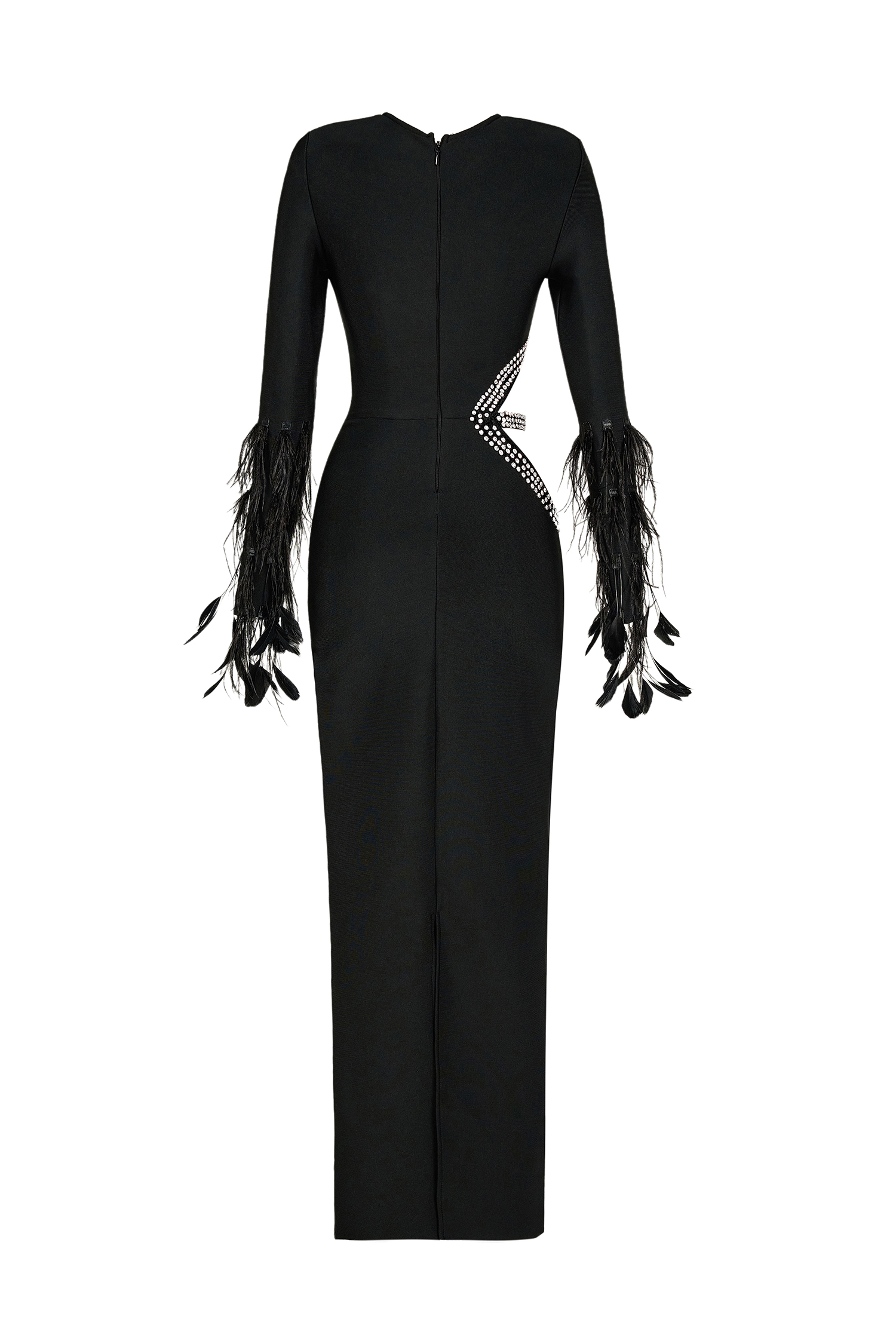 Feather Cut-Out Rhinestone Bandage Maxi Dress