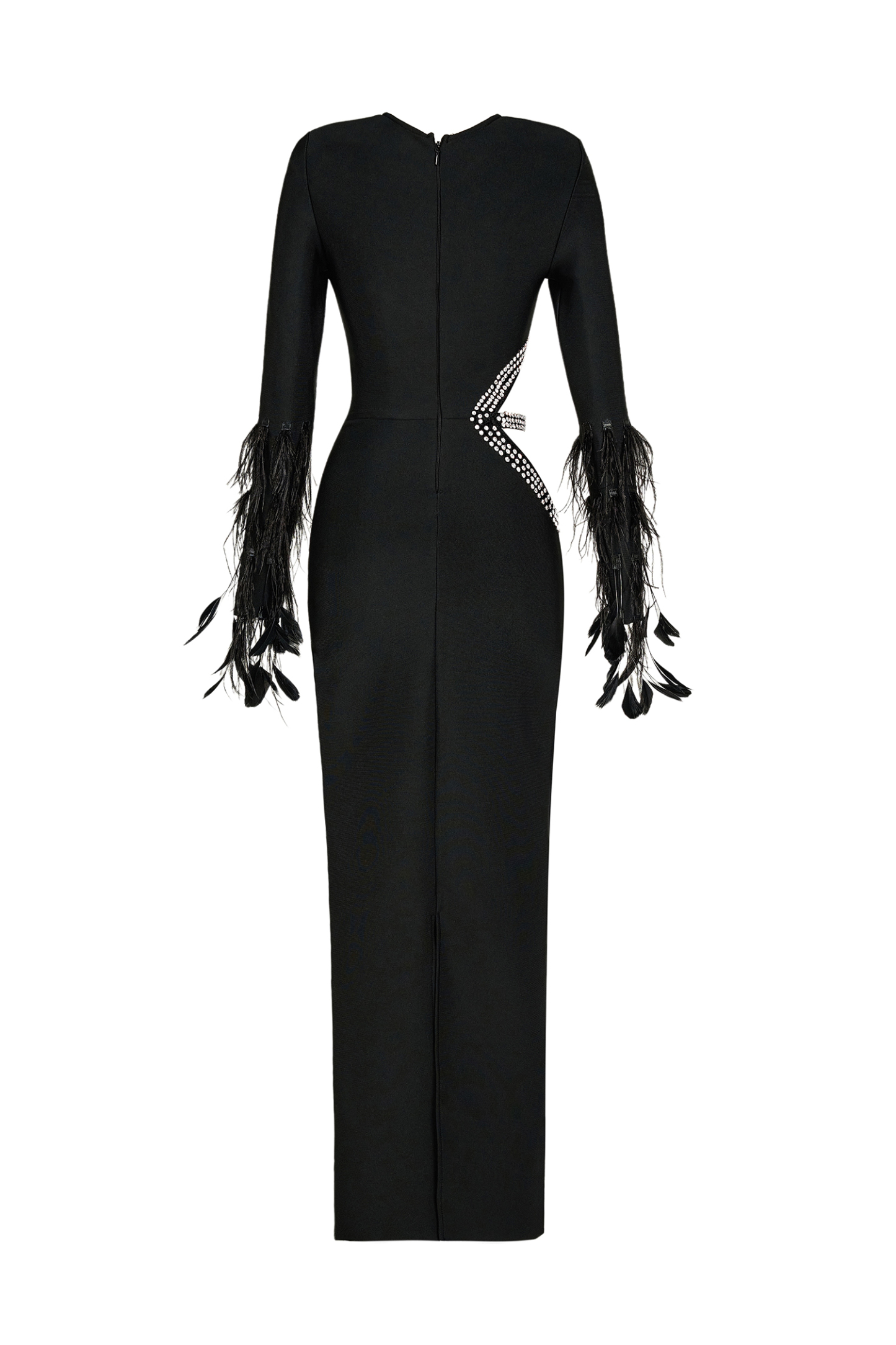 Feather Cut-Out Rhinestone Bandage Maxi Dress