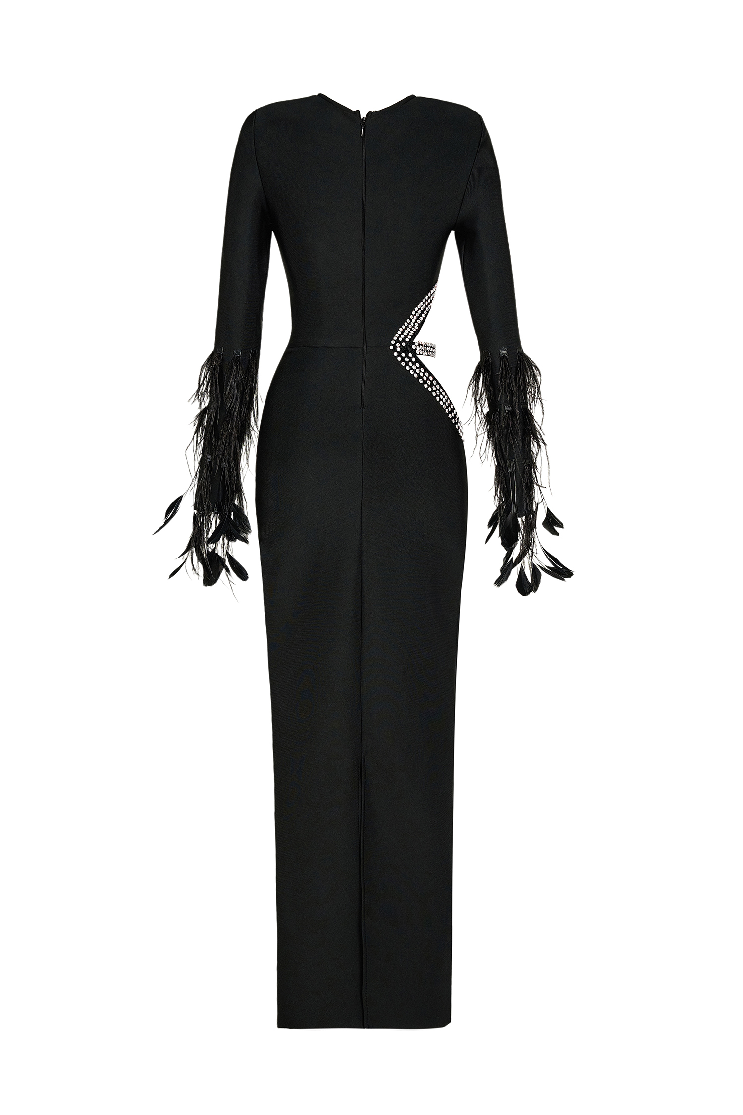 Feather Cut-Out Rhinestone Bandage Maxi Dress