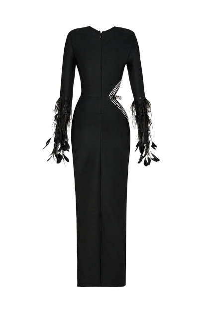 Feather Cut-Out Rhinestone Bandage Maxi Dress