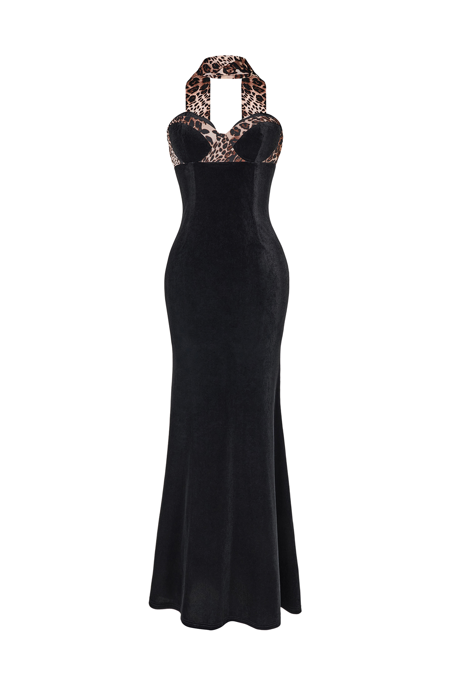 Leopard Print Splicing Velvet Off-Shoulder Maxi Dress