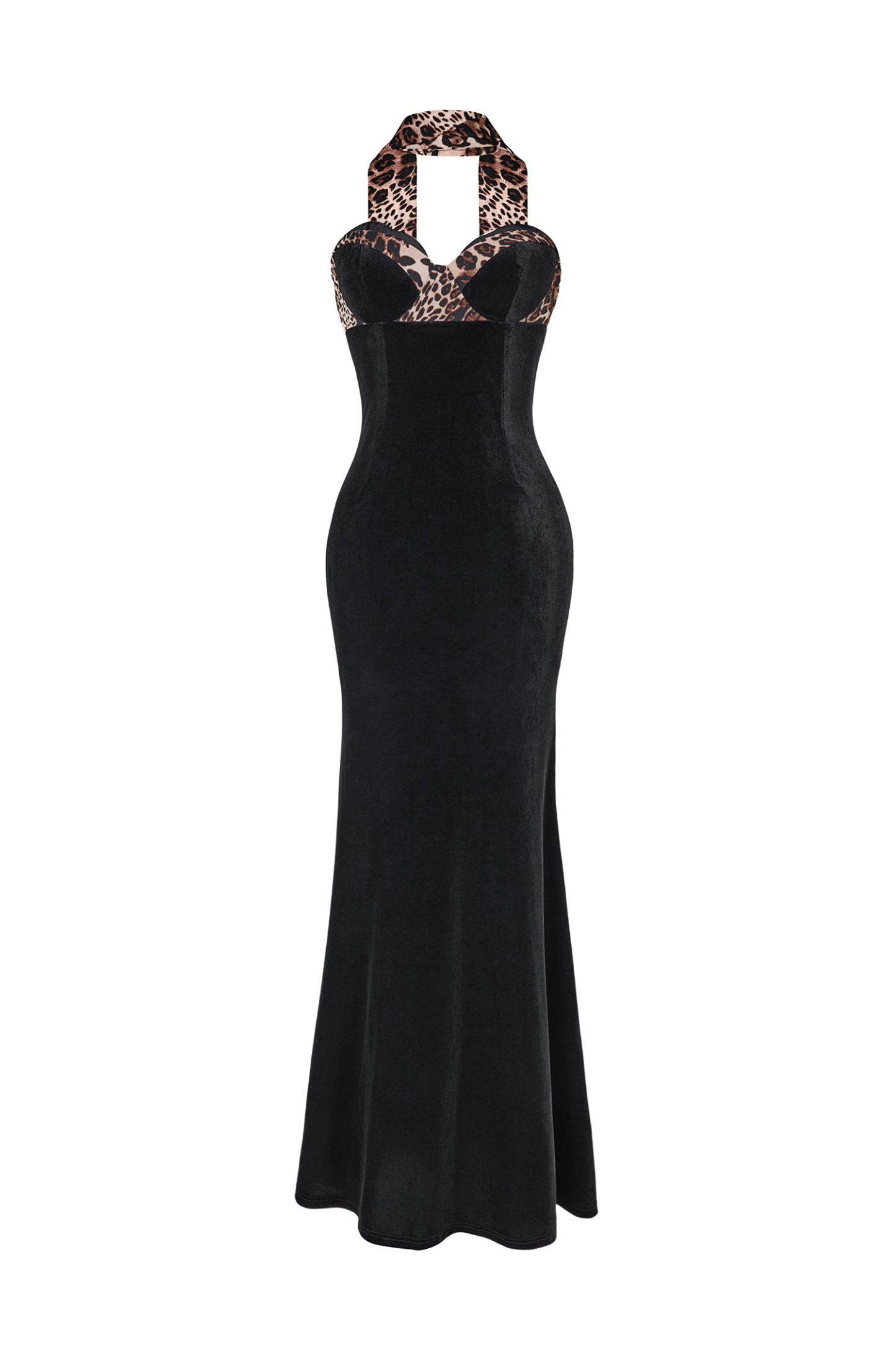 Leopard Print Splicing Velvet Off-Shoulder Maxi Dress