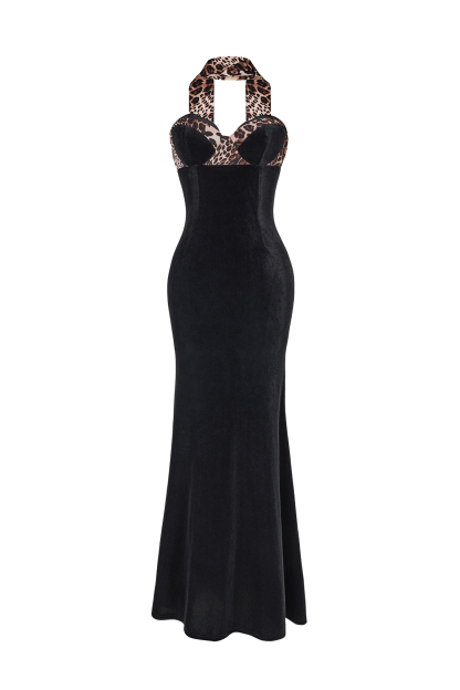 Leopard Print Splicing Velvet Off-Shoulder Maxi Dress