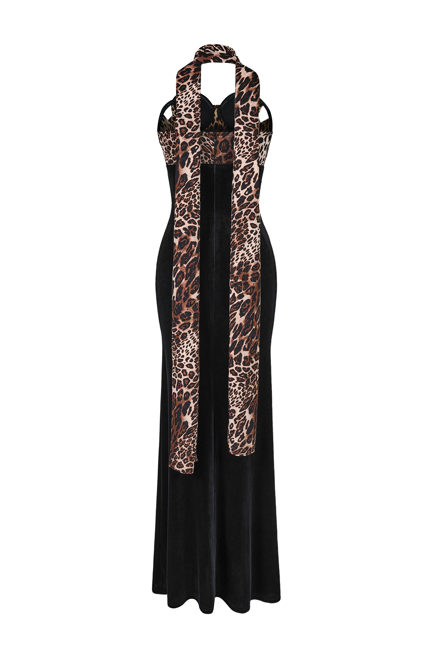 Leopard Print Splicing Velvet Off-Shoulder Maxi Dress