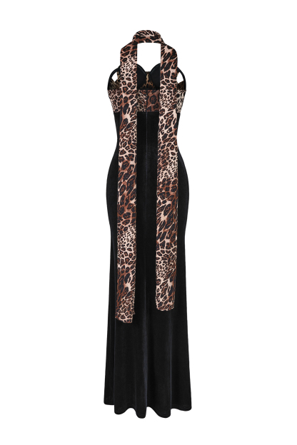 Leopard Print Splicing Velvet Off-Shoulder Maxi Dress