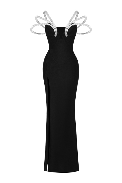 Bandage Faux Pearl Slit Off-Shoulder Maxi Dress