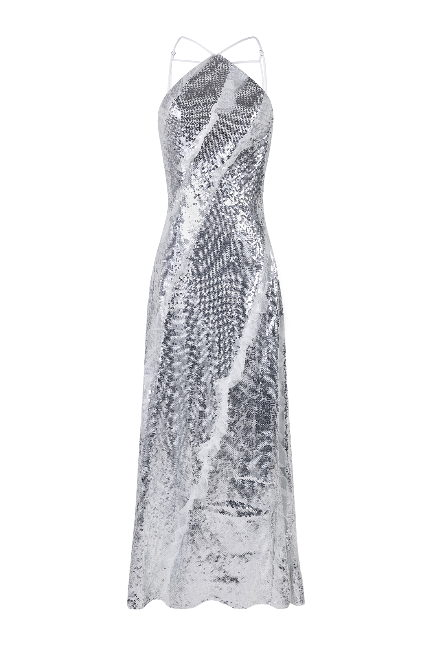 Sequin Frill Halter Neck Maxi Dress