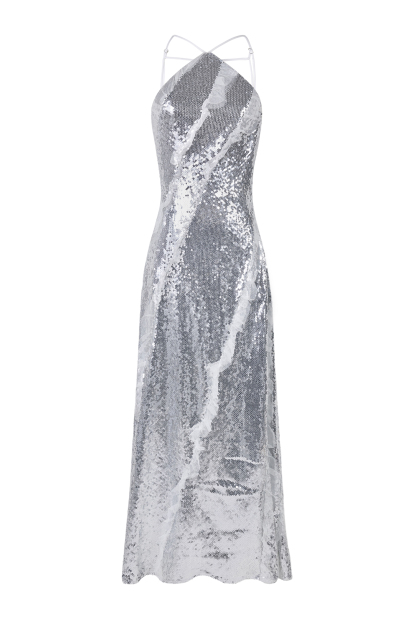 Sequin Frill Halter Neck Maxi Dress