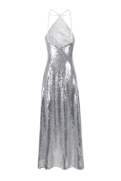 Sequin Frill Halter Neck Maxi Dress