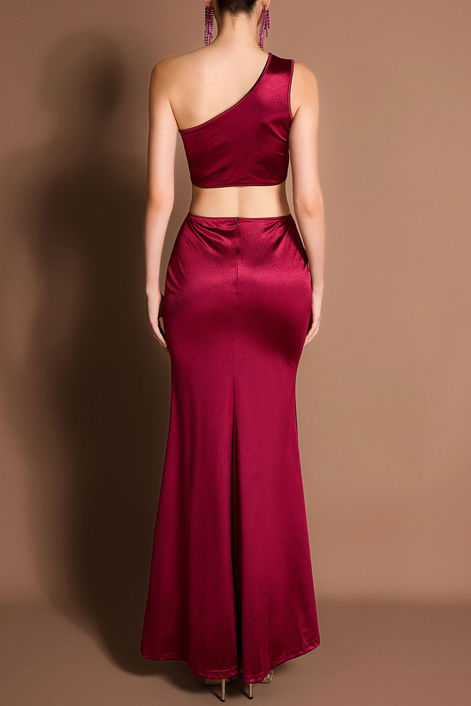 Satin Cut-Out Skew Collar Maxi Dress