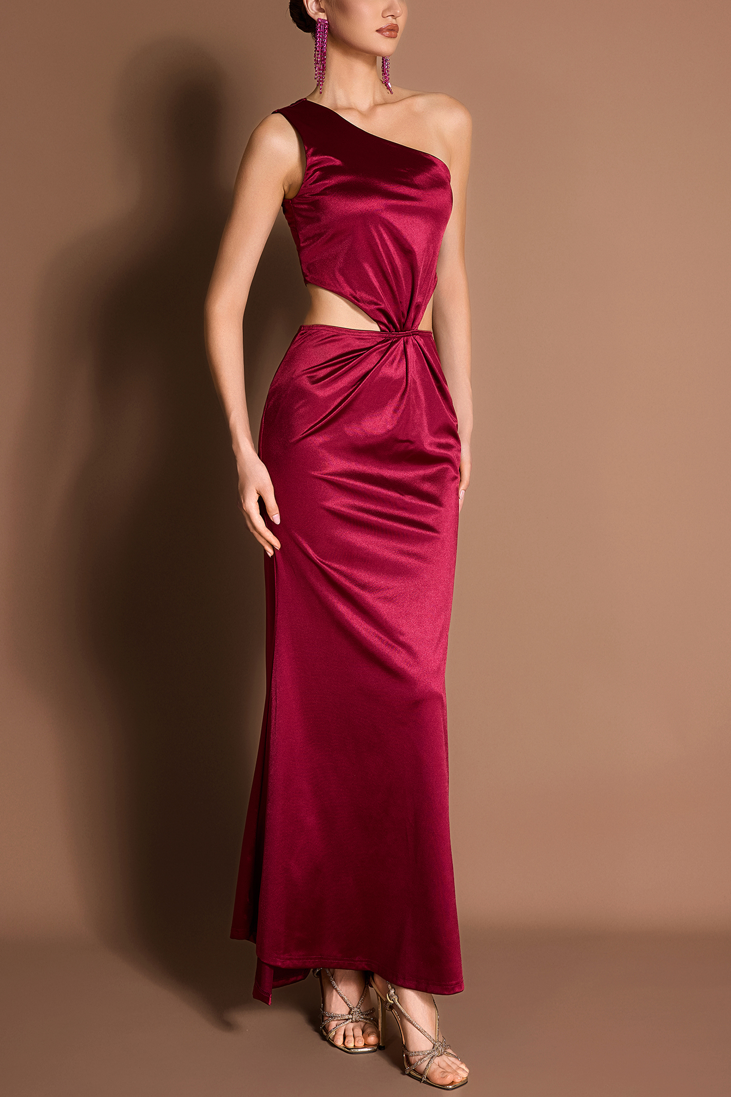 Satin Cut-Out Skew Collar Maxi Dress