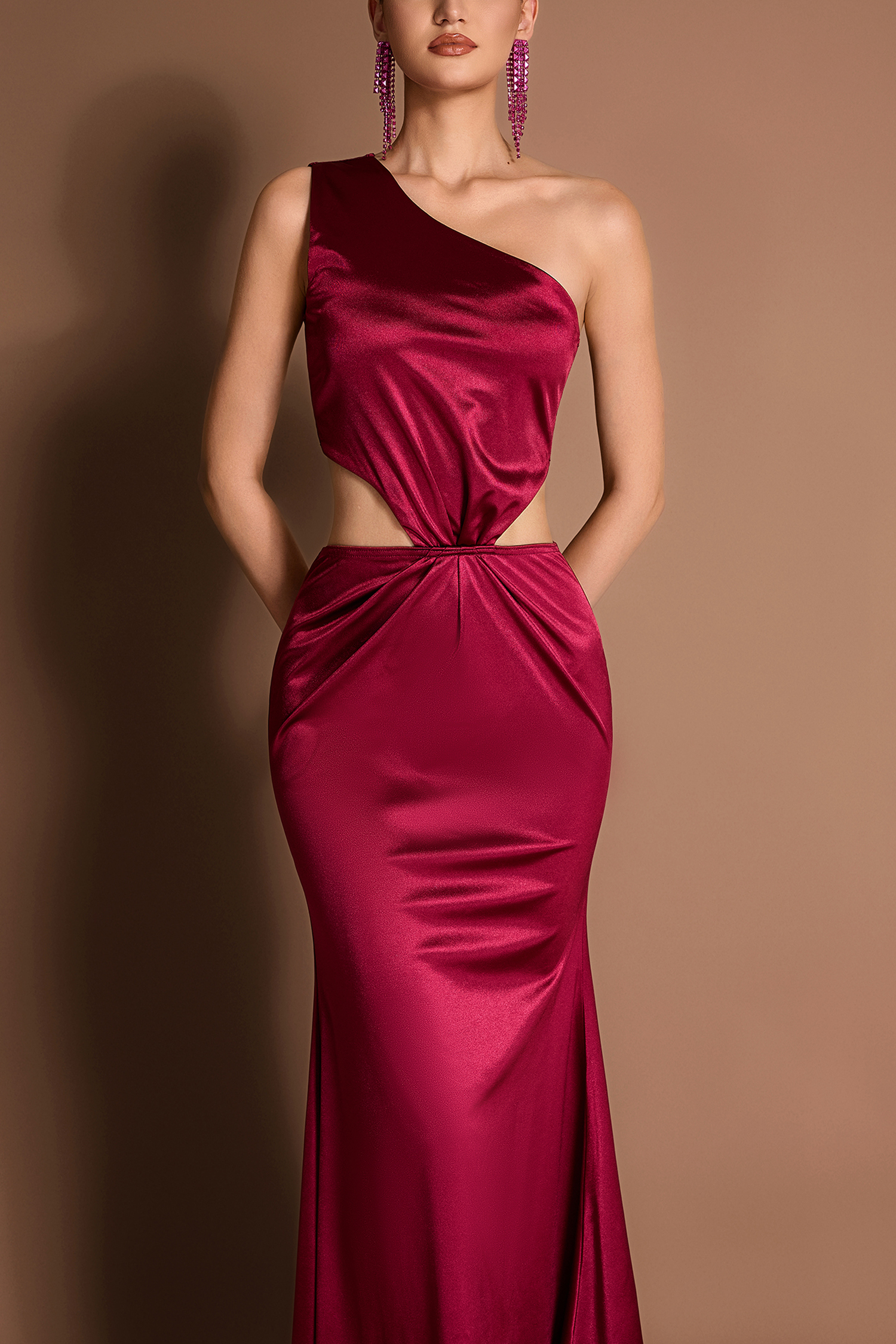 Satin Cut-Out Skew Collar Maxi Dress