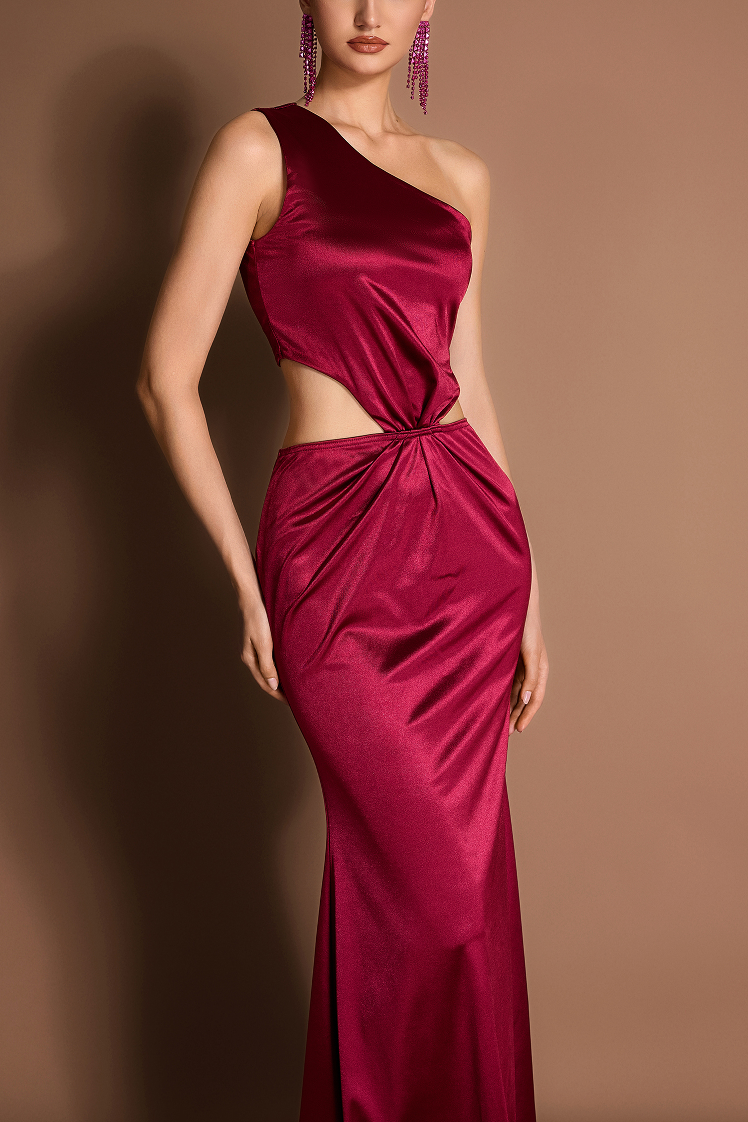 Satin Cut-Out Skew Collar Maxi Dress