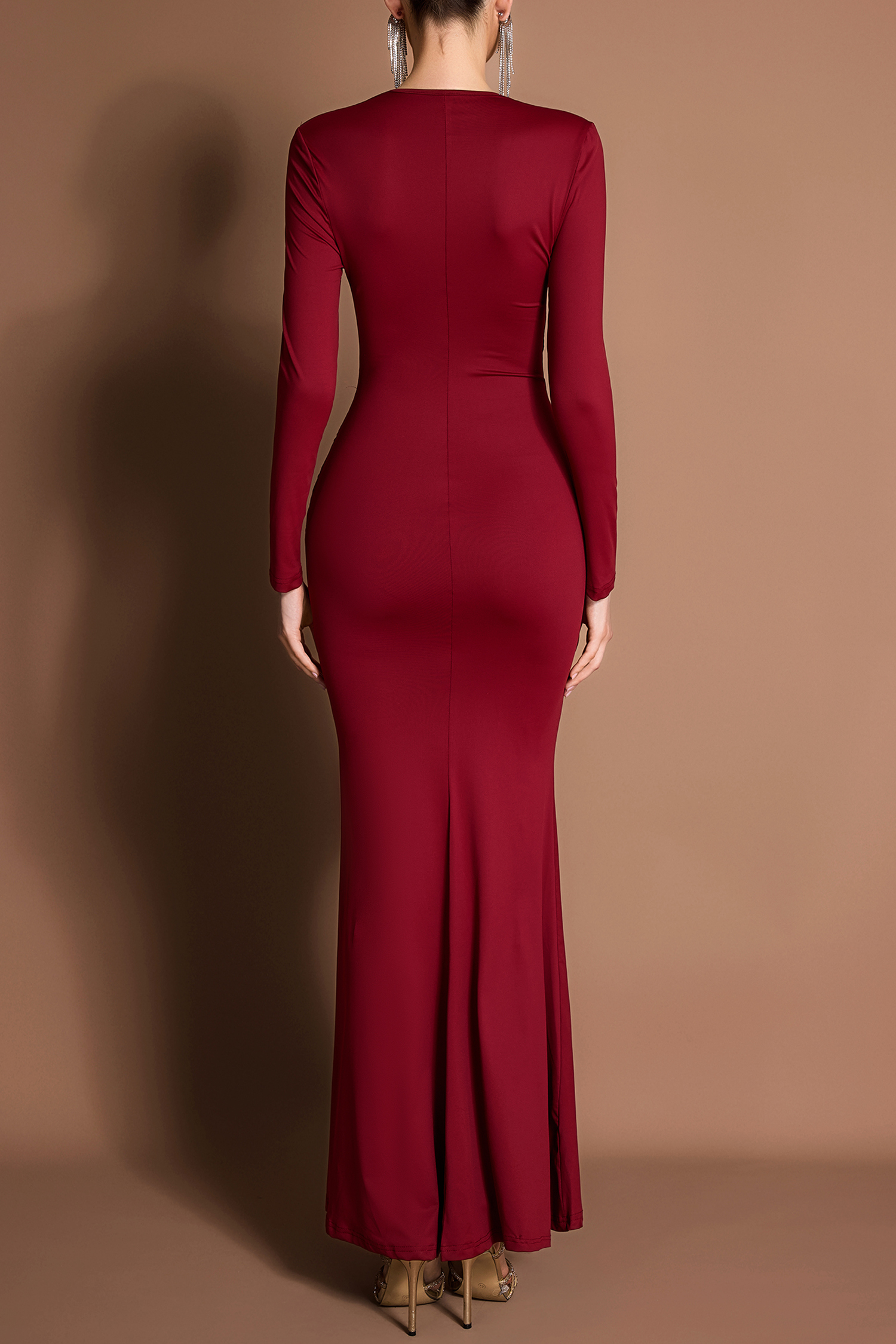 Solid Gathering Long Sleeve Maxi Dress