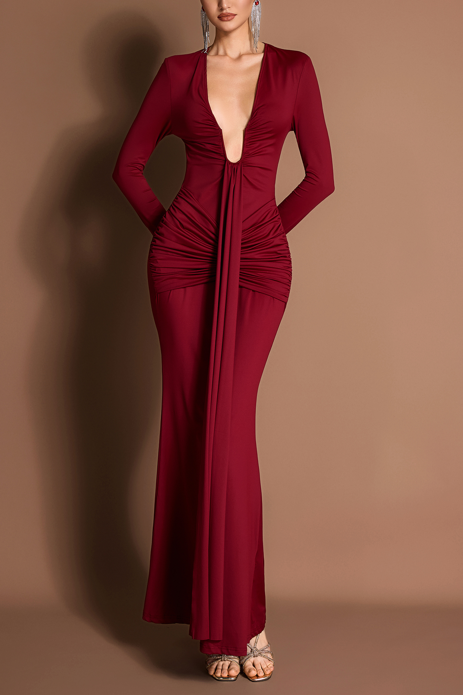 Solid Gathering Long Sleeve Maxi Dress