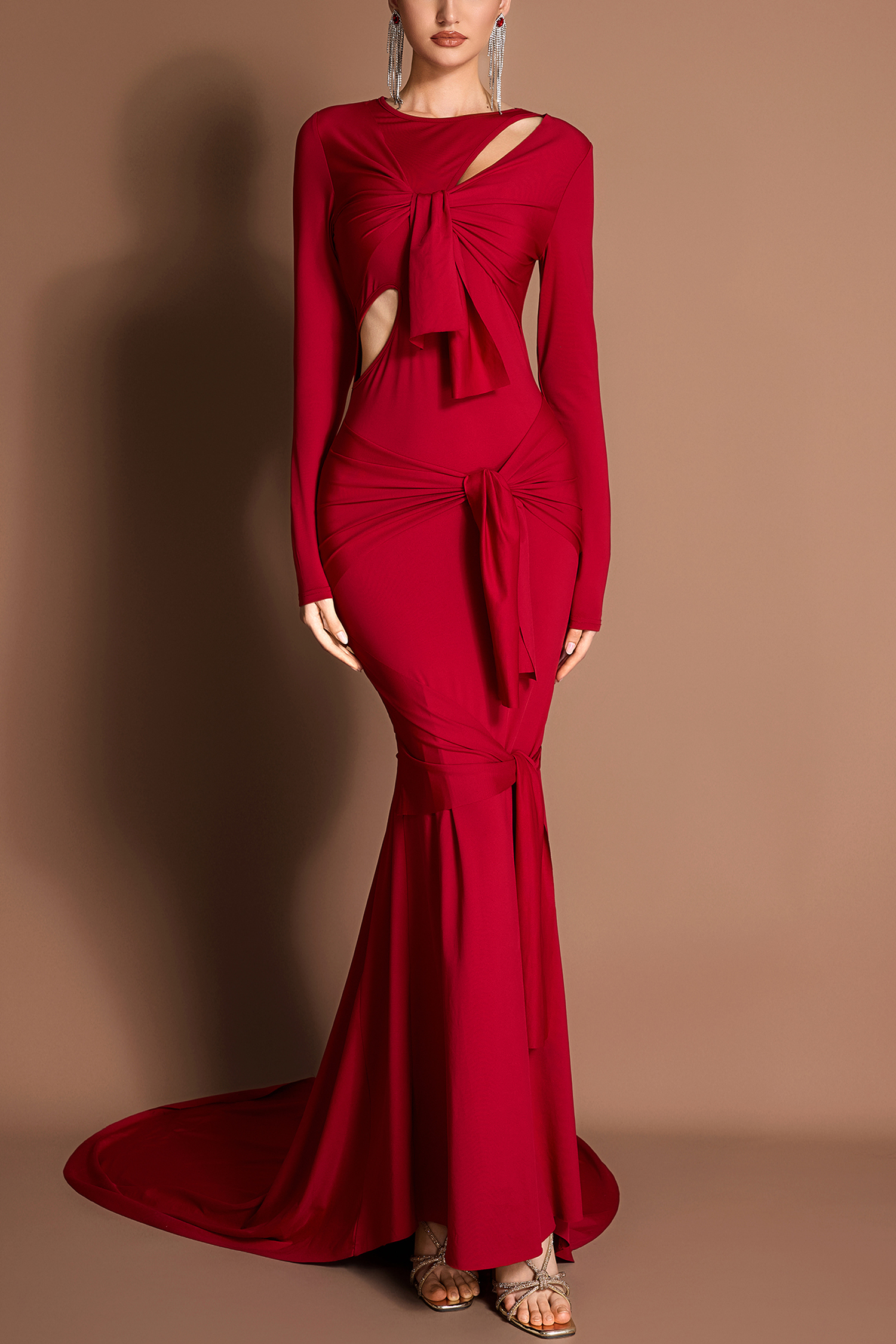 Solid Cut-Out Tie-up Long Sleeve Maxi Dress