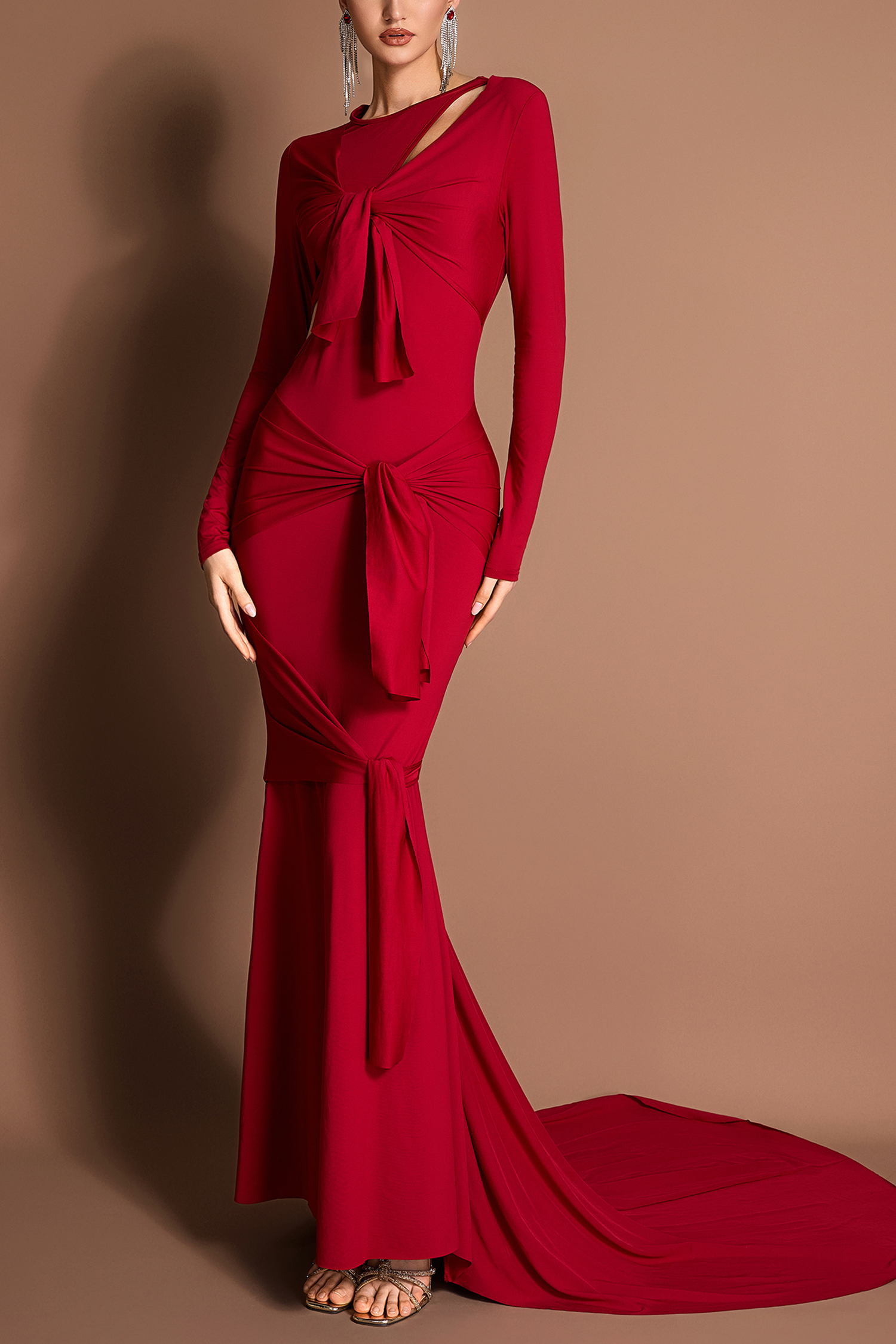 Solid Cut-Out Tie-up Long Sleeve Maxi Dress