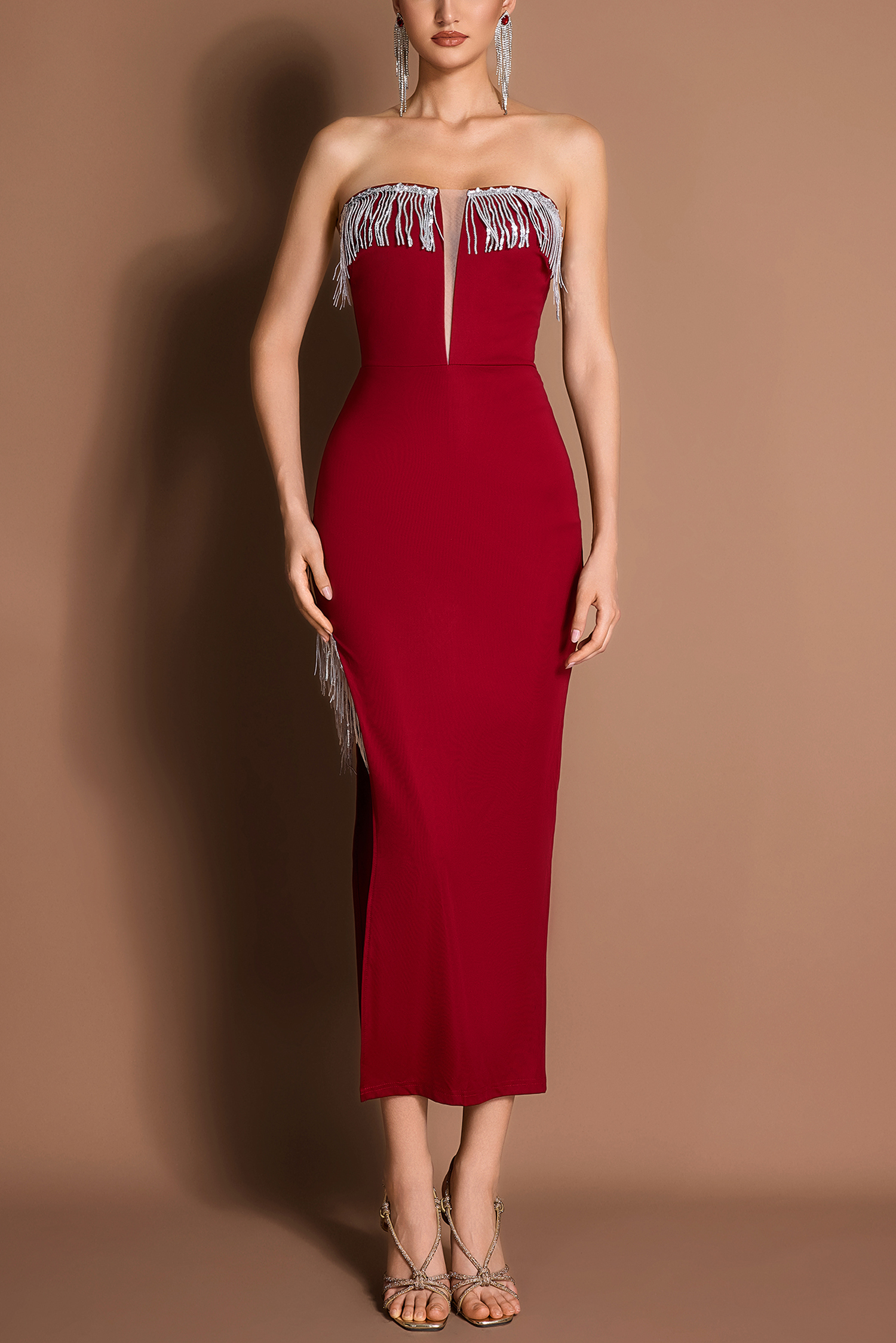 Sequin Tassel Off-Shoulder Slit Midi Dress