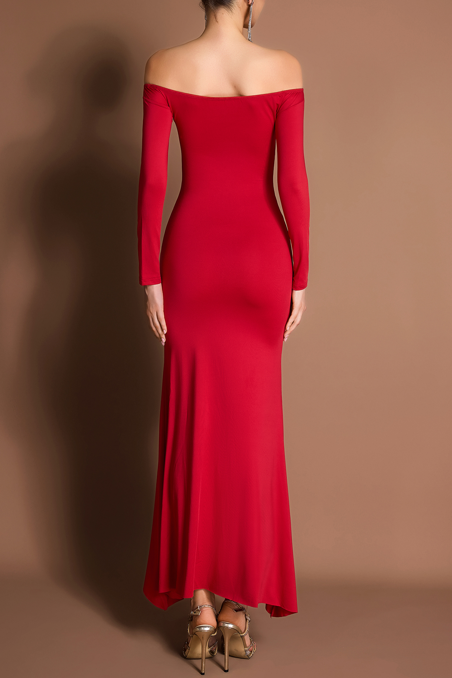 Abstract Print Off-Shoulder Long Sleeve Midi Dress