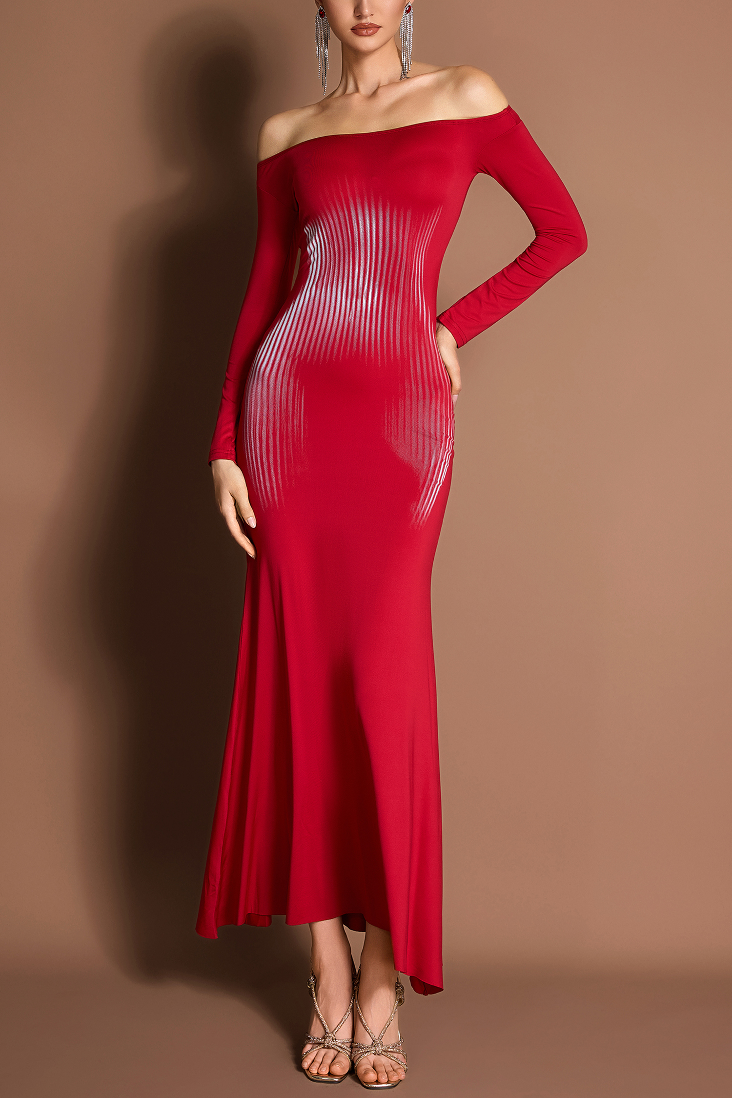 Abstract Print Off-Shoulder Long Sleeve Midi Dress