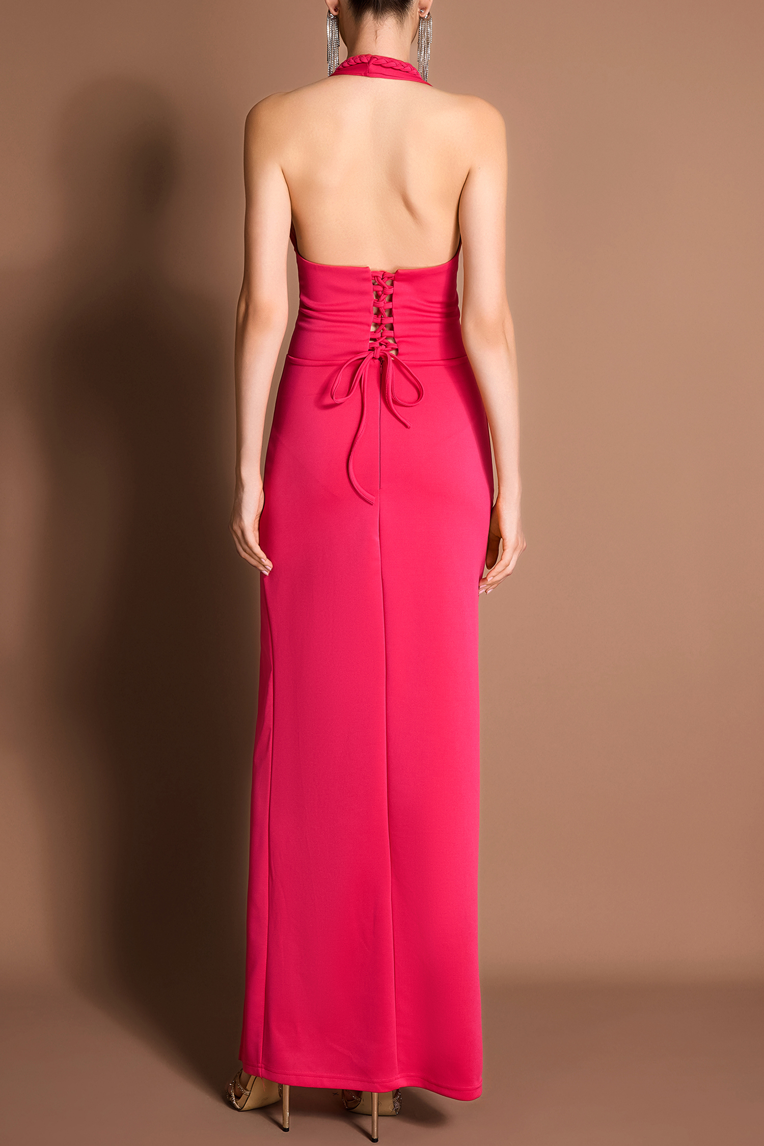 Linear Trim Halter Neck Slit Maxi Dress
