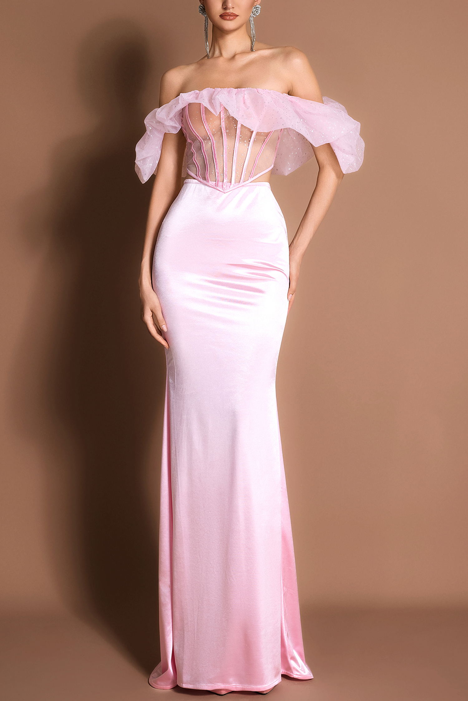 Mesh Ruffle Off-Shoulder Tie-up Top & Satin High Waist Maxi Skirt Set