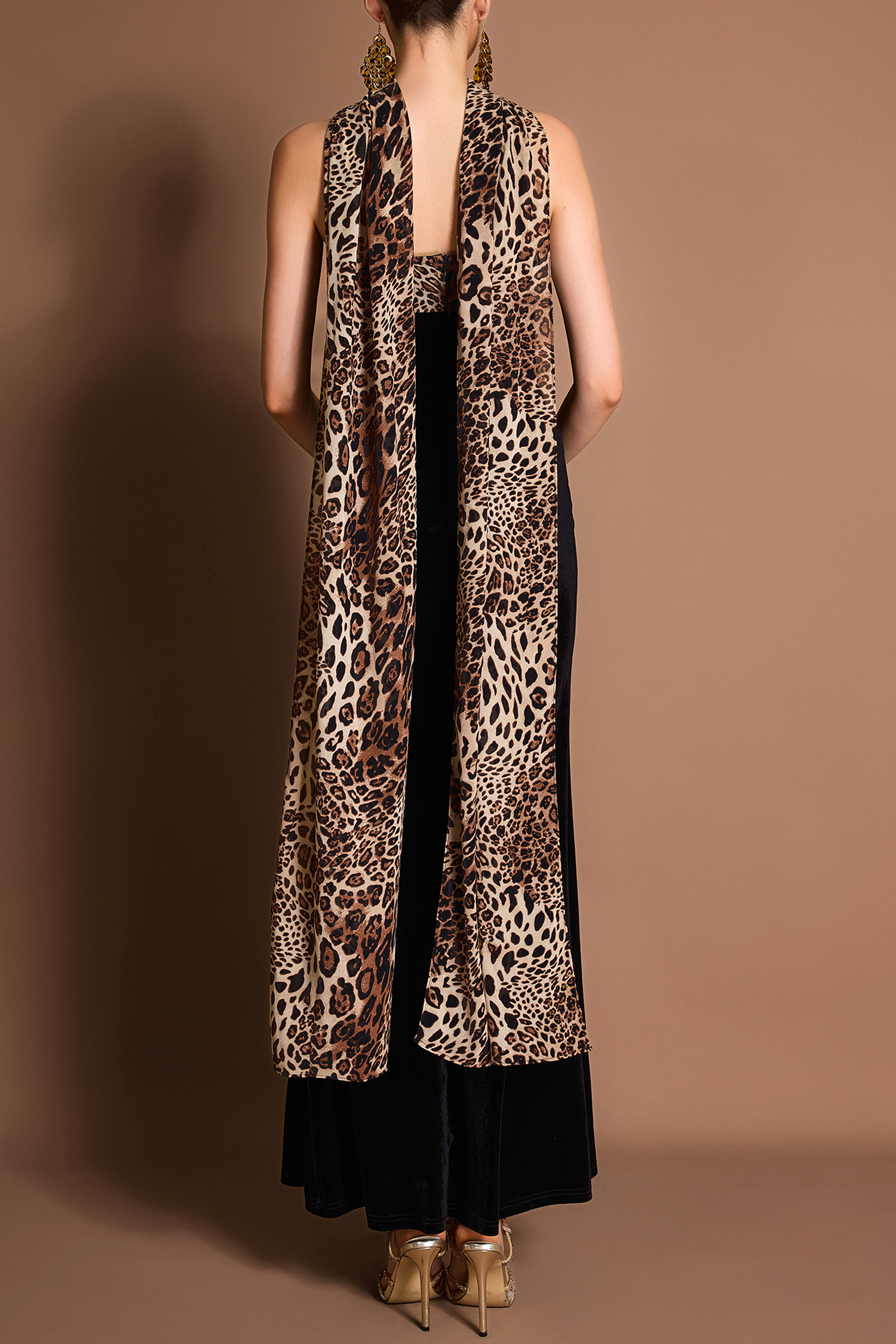 Leopard Print Splicing Velvet Off-Shoulder Maxi Dress