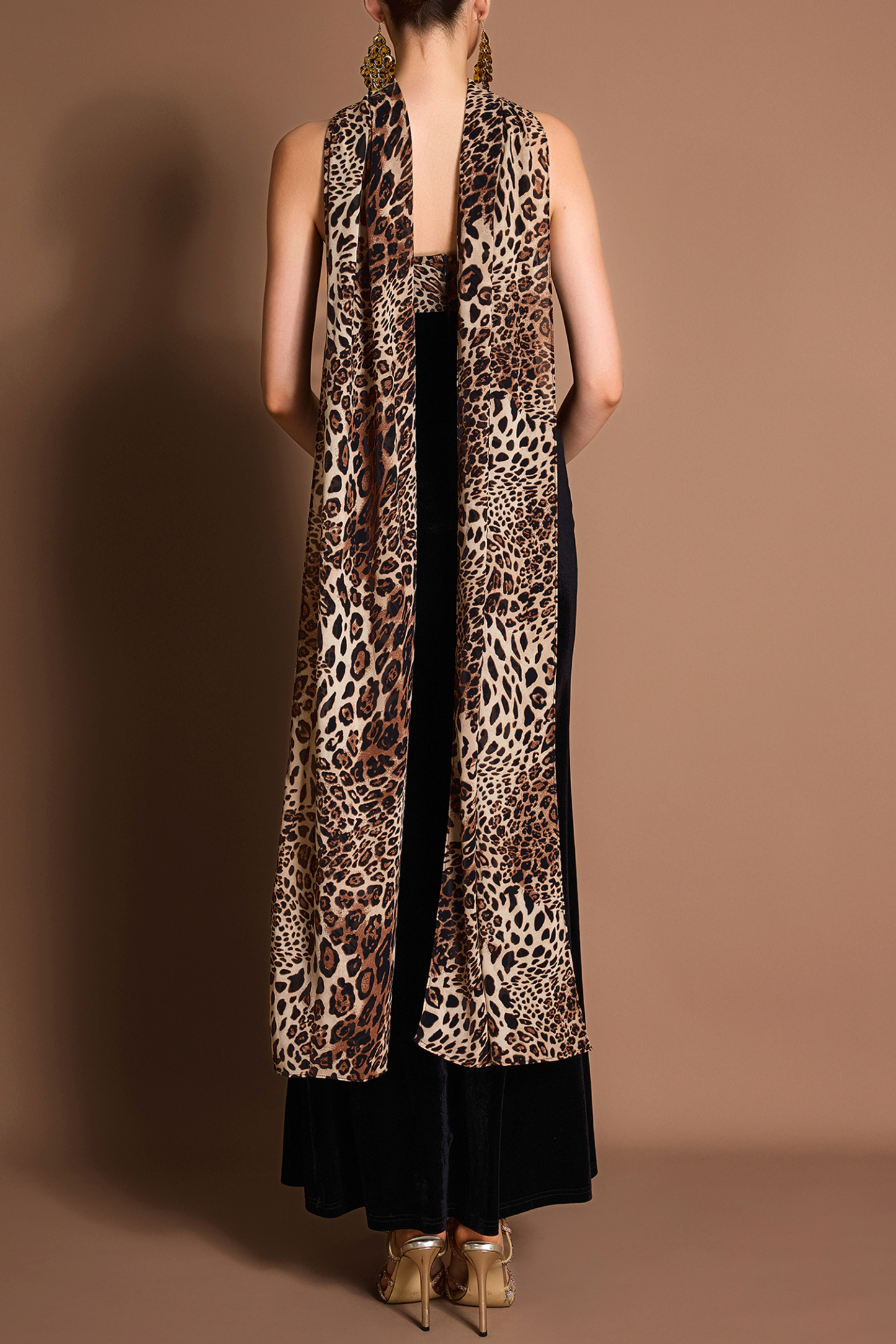 Leopard Print Splicing Velvet Off-Shoulder Maxi Dress