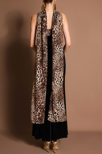 Leopard Print Splicing Velvet Off-Shoulder Maxi Dress