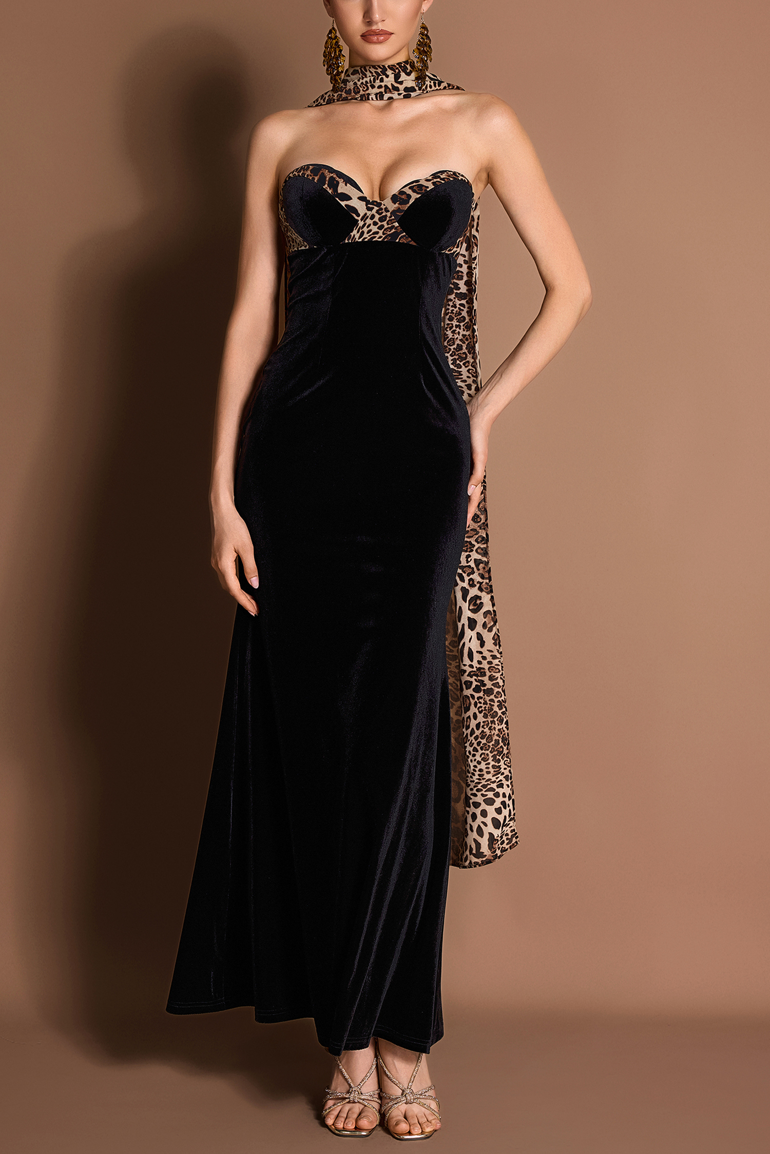 Leopard Print Splicing Velvet Off-Shoulder Maxi Dress
