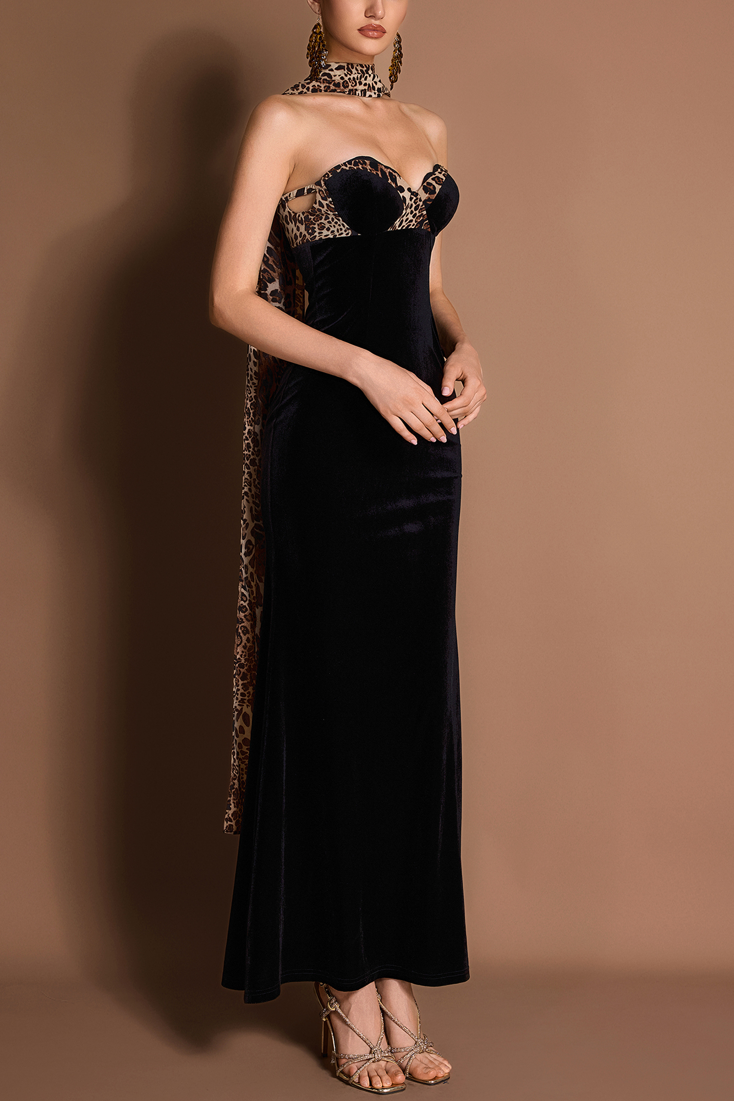 Leopard Print Splicing Velvet Off-Shoulder Maxi Dress