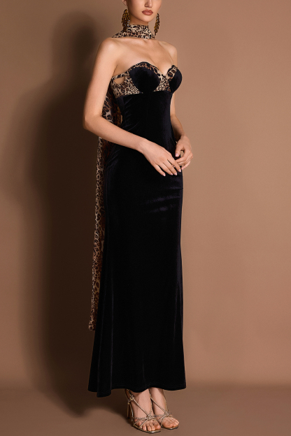 Leopard Print Splicing Velvet Off-Shoulder Maxi Dress