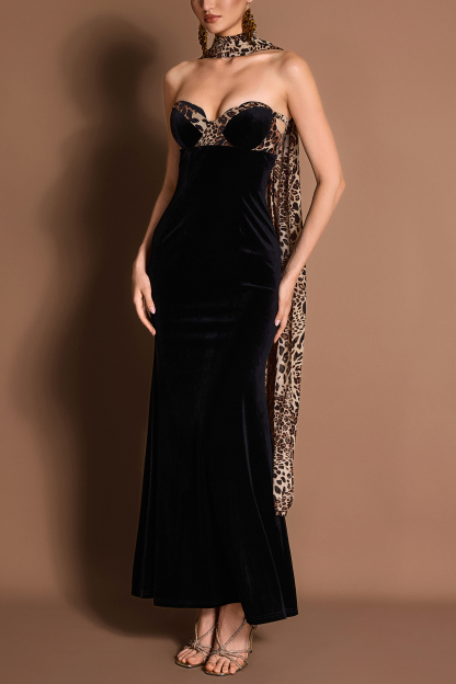 Leopard Print Splicing Velvet Off-Shoulder Maxi Dress