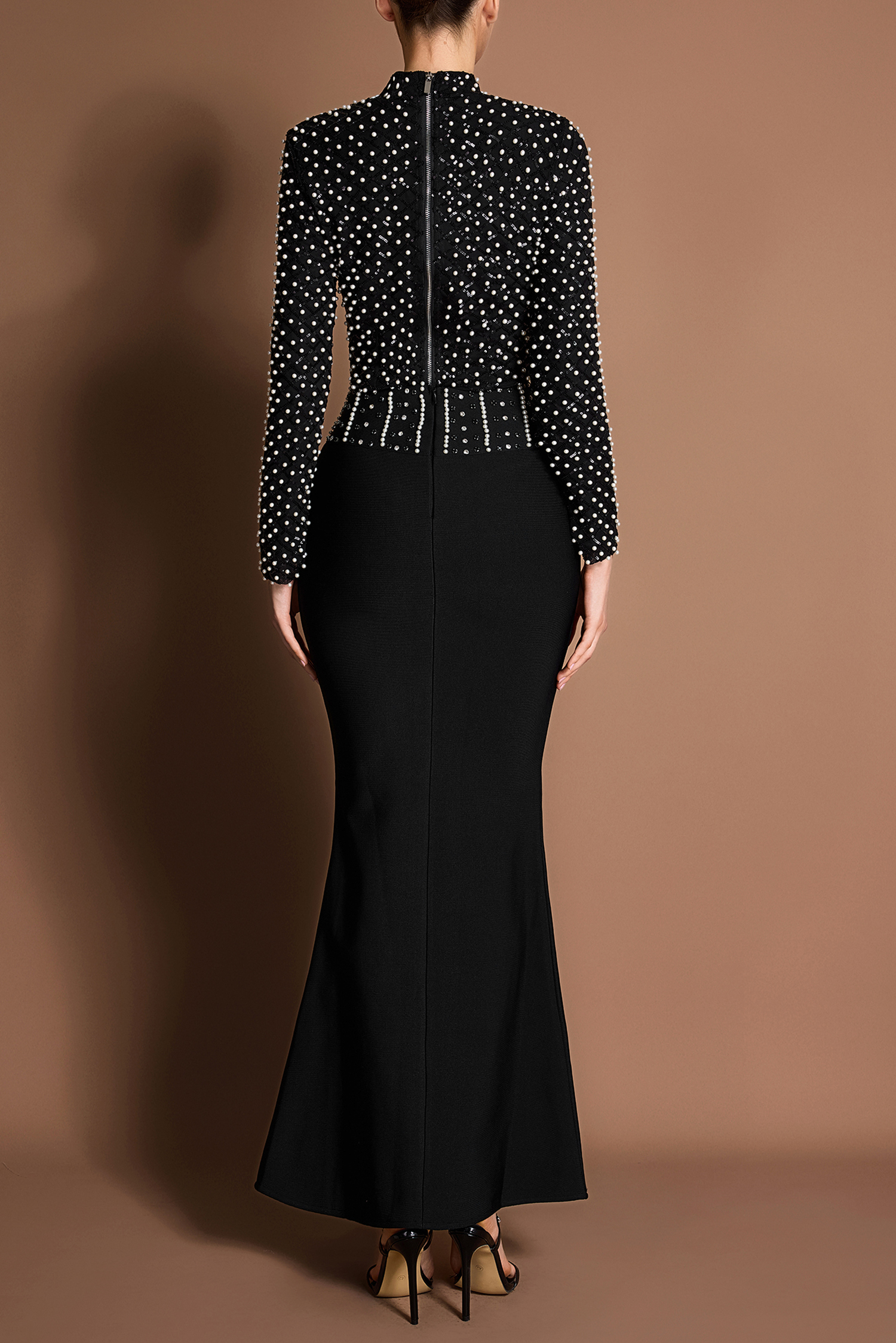 Sequin Faux Pearl Long Sleeve Top & Bangade Rivet Low Waist Maxi Skirt Set