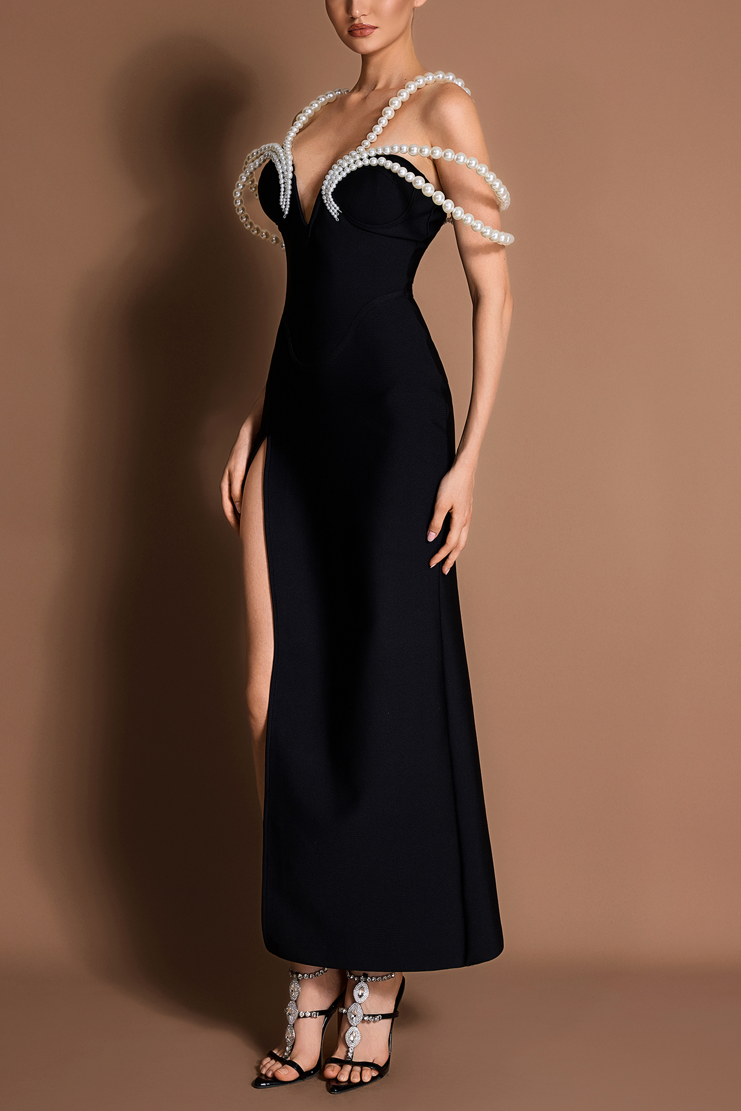 Bandage Faux Pearl Slit Off-Shoulder Maxi Dress