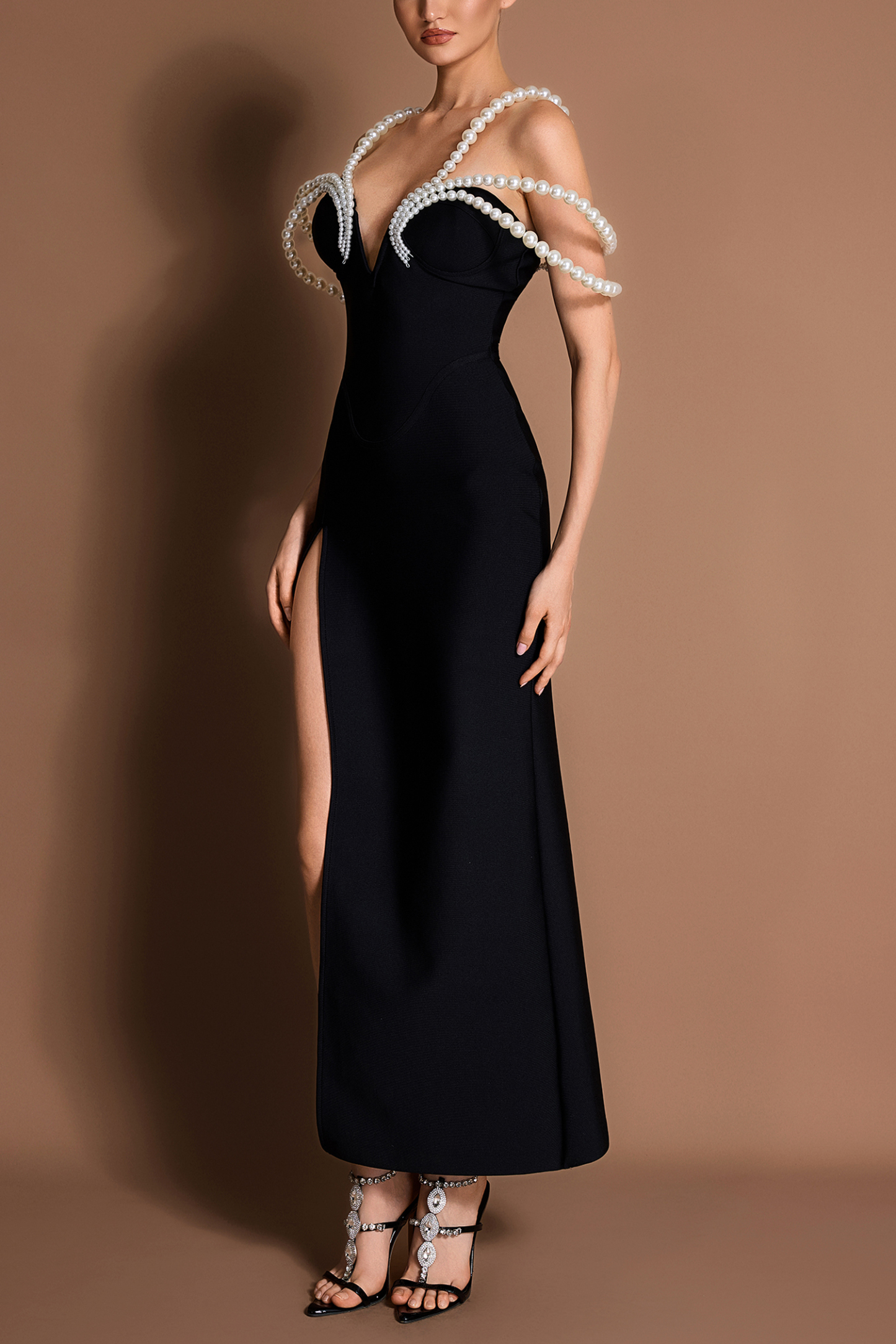 Bandage Faux Pearl Slit Off-Shoulder Maxi Dress