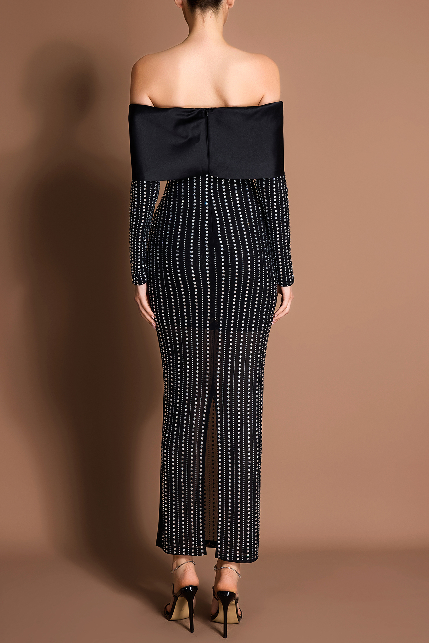 Satin 3D Flower Mesh Rhinestone Maxi Dress