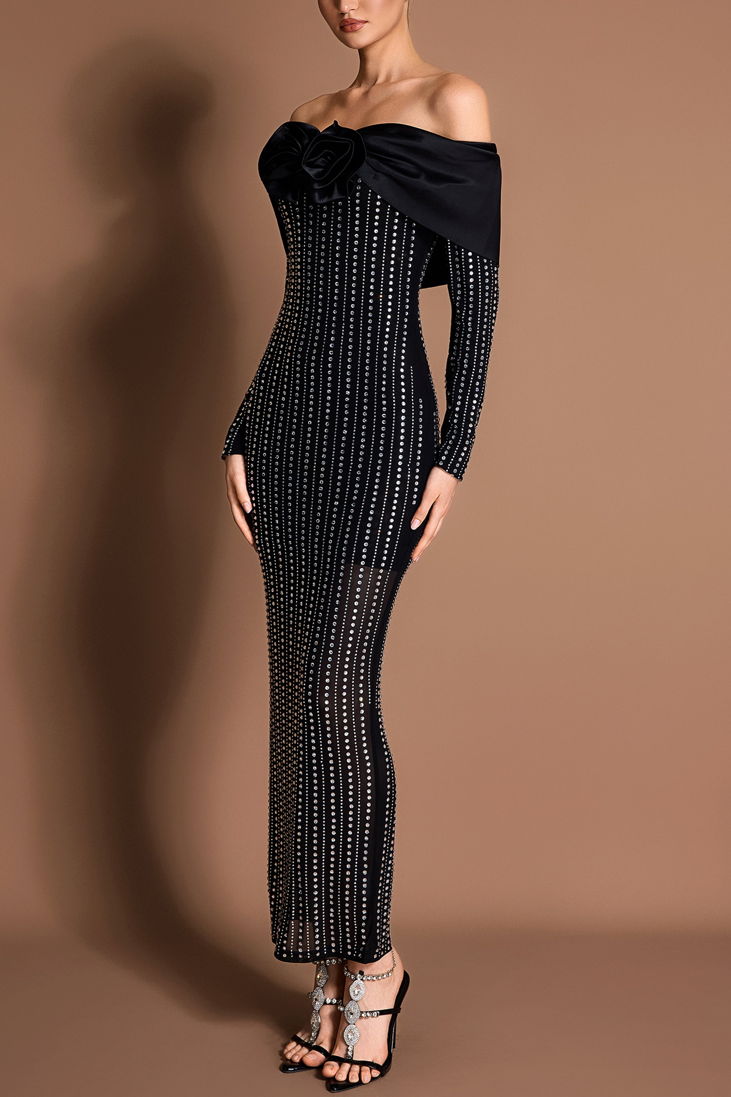 Satin 3D Flower Mesh Rhinestone Maxi Dress