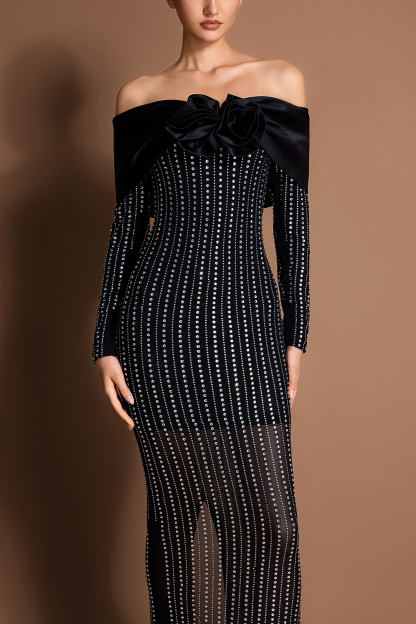 Satin 3D Flower Mesh Rhinestone Maxi Dress