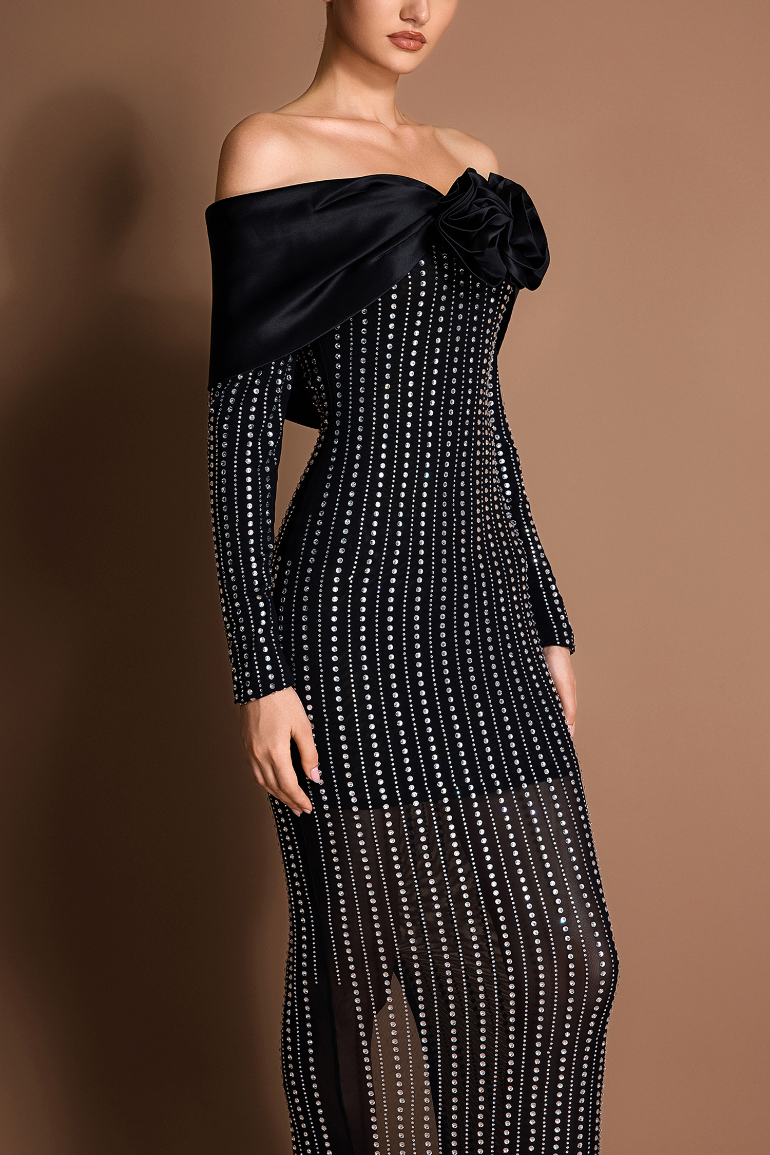 Satin 3D Flower Mesh Rhinestone Maxi Dress