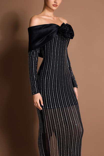 Satin 3D Flower Mesh Rhinestone Maxi Dress