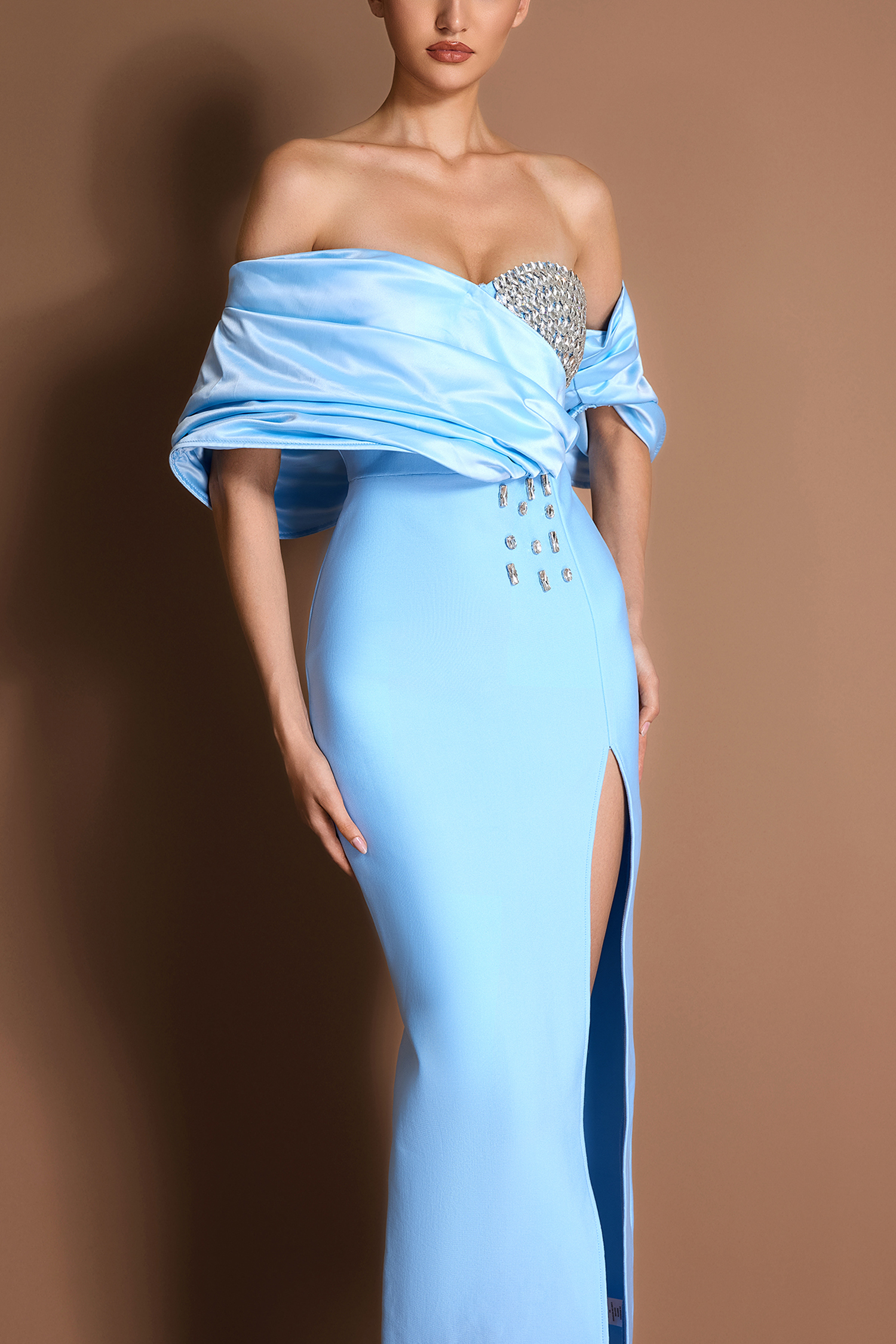 Satin Splicing Bandage Rhinestone Slit Maxi Dress