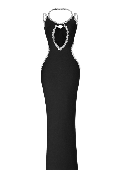 Rhinestone Halter Neck Cut-Out Maxi Dress