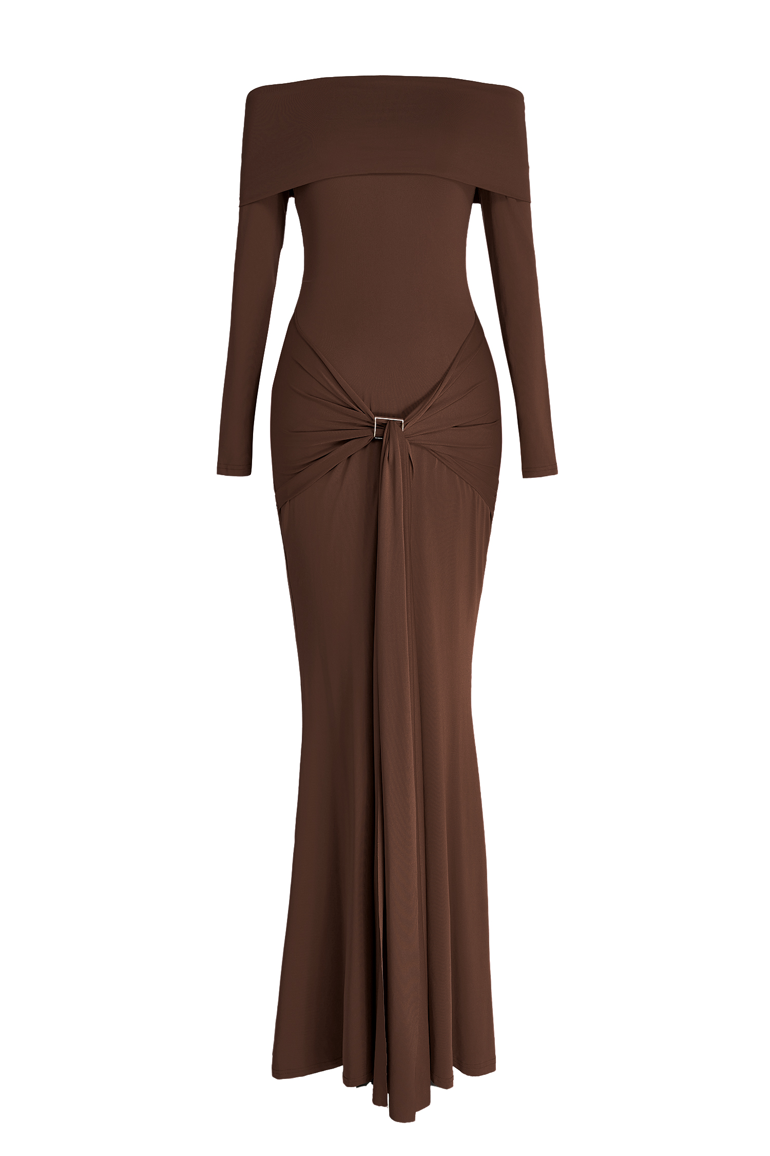 Jersey Off Shoulder Long Sleeve Ruched Maxi Dress