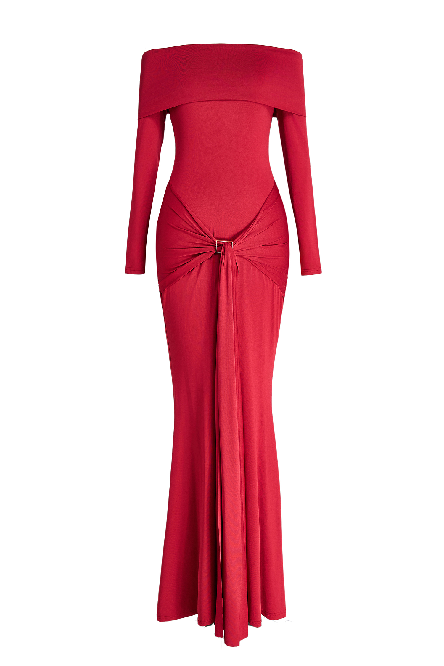 Jersey Off Shoulder Long Sleeve Ruched Maxi Dress