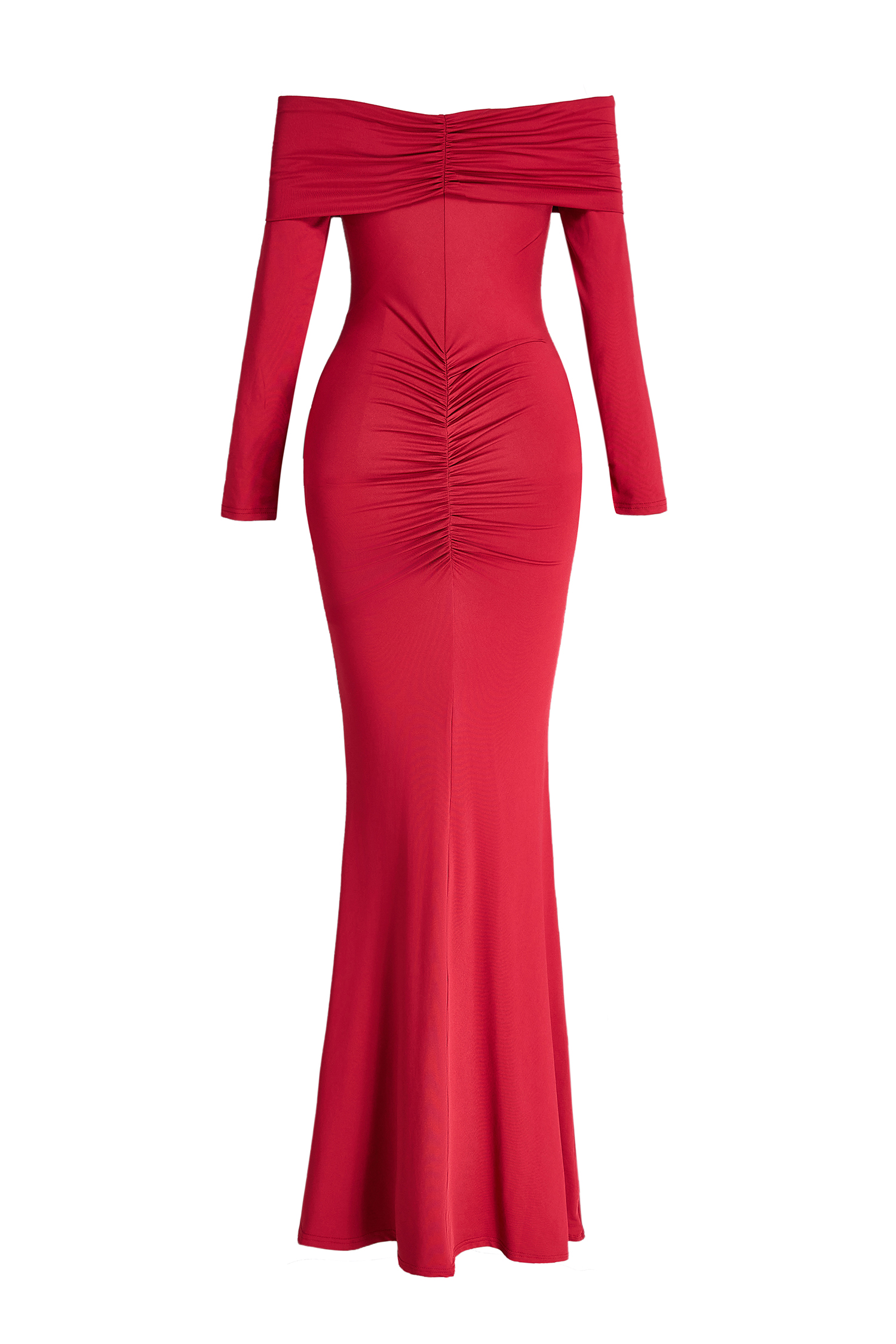 Jersey Off Shoulder Long Sleeve Ruched Maxi Dress
